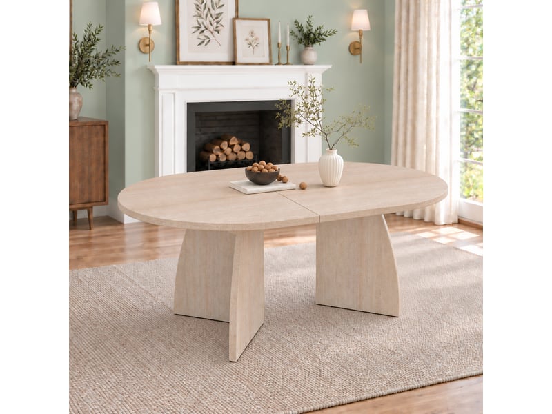 Table extensible 150 à 200x90 cm pour 6 à 8 personnes, table à manger moderne avec plateau renforcé et angles arrondis, effet travertin Seren Glow - Conforama E