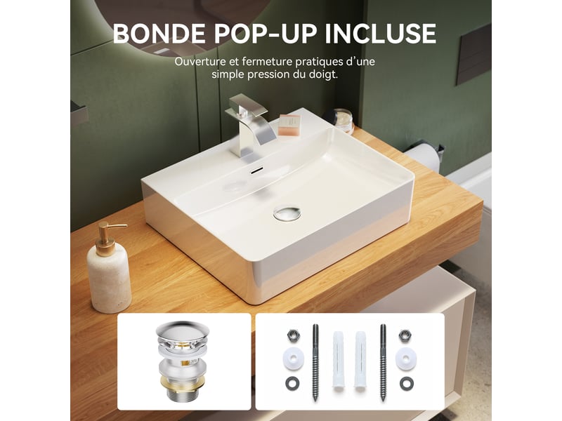 Cecipa max lavabo 50 x 42 cm - lavabo rectangulaire en céramique - avec bonde pop-up - espace de pose - pour pose sur plan et fixation murale - blanc - Conforama E