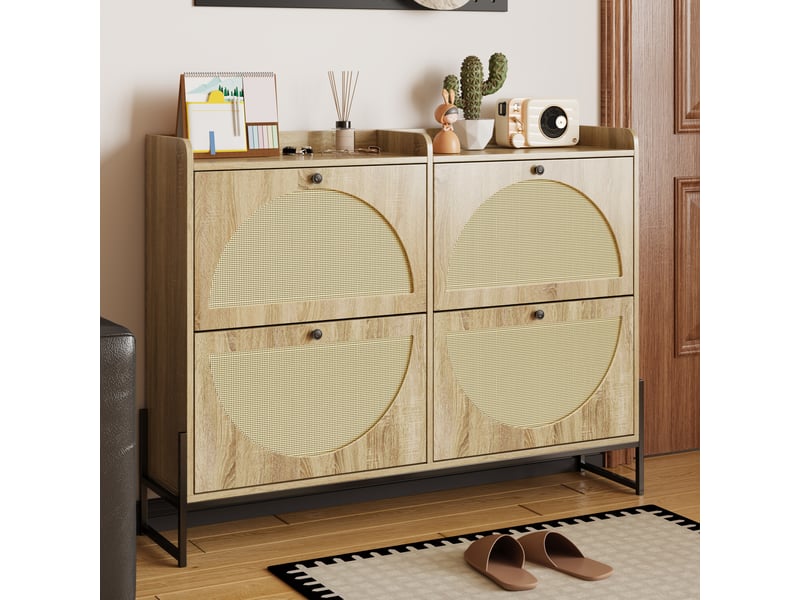  Meuble à chaussures avec portes en rotin pe, poignées noires et pieds en métal doré, coloris naturel  - Conforama B