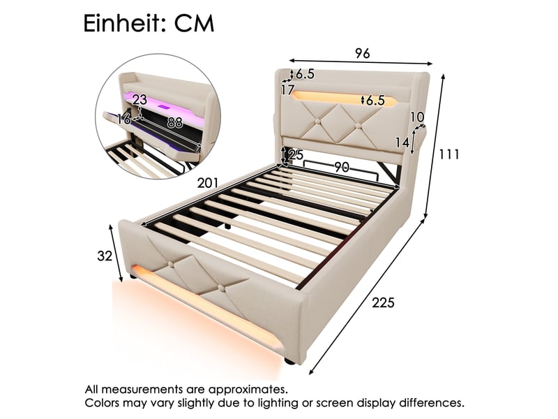  Modenvie lit coffre 90x200 cm - avec led 360, tête de lit avec ports usb et usb-c, sans matelas - beige  - Conforama C