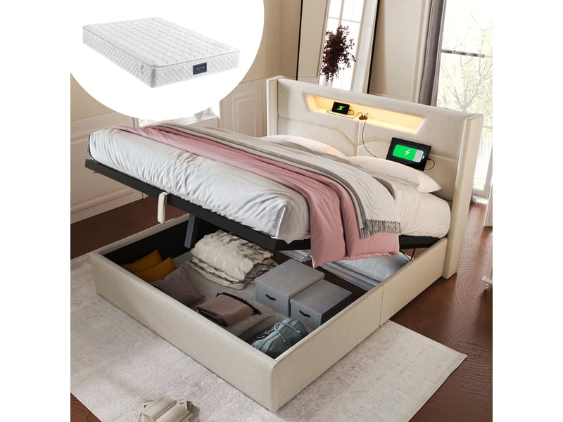 Lit capitonné, lit double 160x200 cm, led, usbusb-c, sommier à lattes, lin beige, matelas inclus - Conforama A