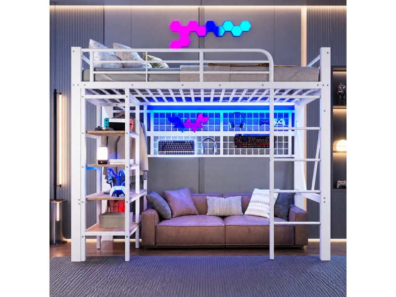  Lit mezzanine 90 x 200 cm avec led, étagères, filet et barre de suspension blanc  - Conforama B