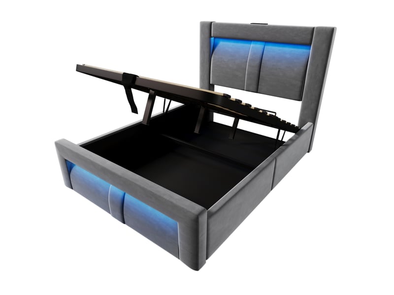 Lit coffre adulte 90x200 cm – gris – led, 3 ports usb et usb-c, matelas inclus, rangement hydraulique intégré - Conforama D