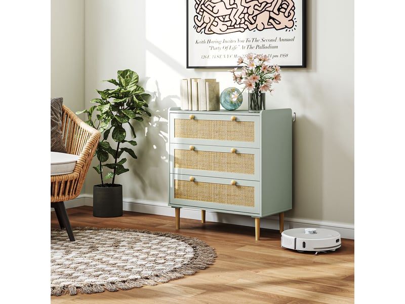  Commode bohème en rotin à 3 tiroirs, meuble de rangement pour salon, couloir ou entrée, vert olive  - Conforama D