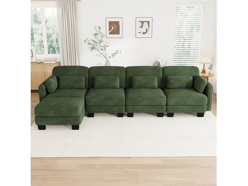  Canapé d’angle modulable 4 places avec ottomane 330x143x88 cm en chenille vert  - Conforama R