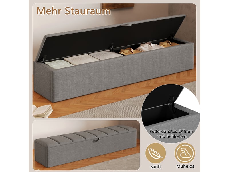  Banc coffre rembourré, 163 × 32 × 36 cm, gris, velours, rangement intégré, assise relevable, mobile, barrière ouvrante  - Conforama E