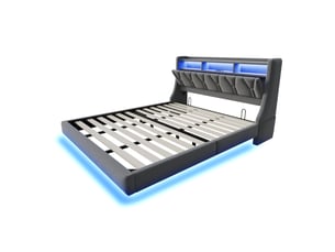 Lit double rembourrés 180x200 cm avec éclairage led, cadre de lit 2 personnes en gris, tête de lit rabattable avec prise électrique
