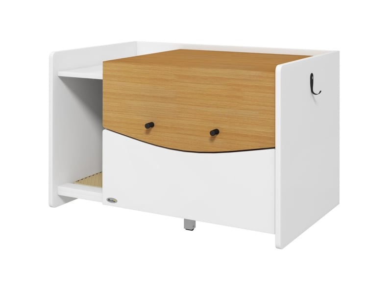 Meuble litière féline 78x50x51 cm – chêne et blanc – bac coulissant, tapis récupérateur et rangement - Conforama A