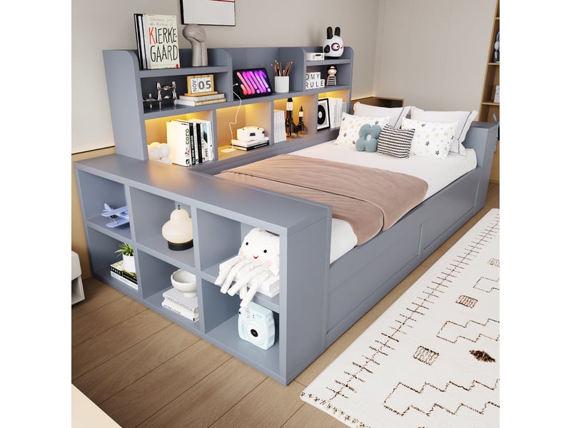  Canapé-lit multifonctionnel 90x200 cm avec rangement hydraulique, led et prises, mdf, coloris gris, vendu sans matelas  - Conforama D