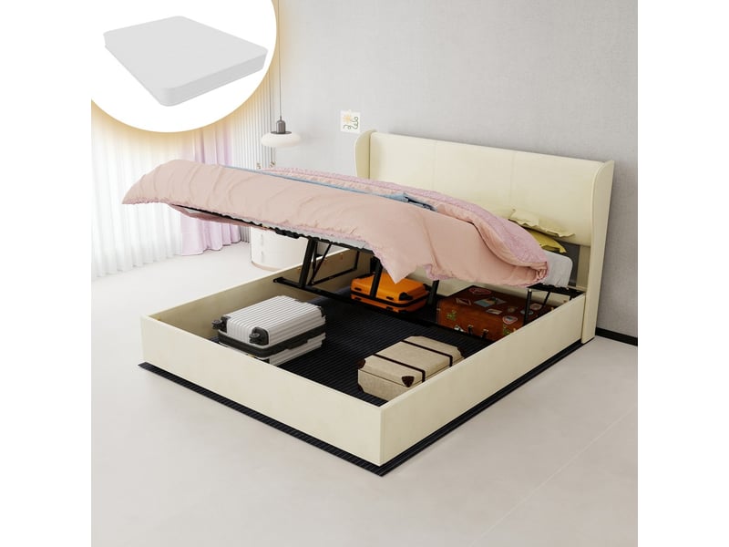  Lit coffre moderne minimaliste avec tête de lit rembourrée beige 160x200cm sommier coffre haut avec vérin gaz matelas inclus  - Conforama B