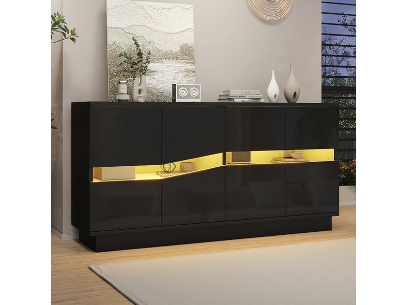  Buffet 140x35x70cm avec éclairage led, 4 portes push-to-open et façades brillantes, meuble de rangement pour cuisine et salon, noir evarich - Conforama B