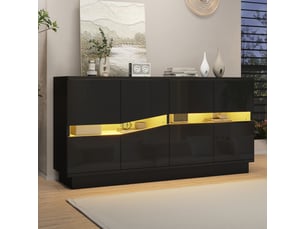 Buffet 140x35x70cm avec éclairage led, 4 portes push-to-open et façades brillantes, meuble de rangement pour cuisine et salon, noir