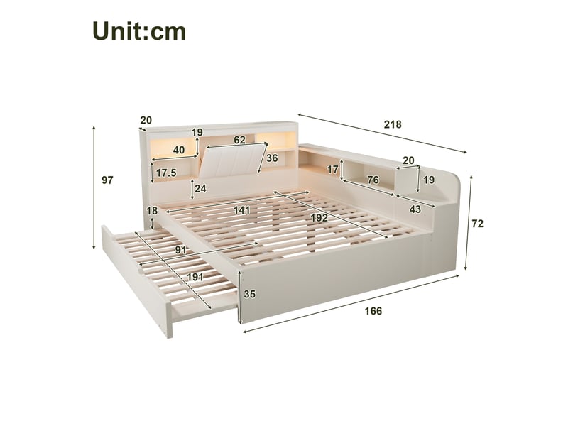  Lit gigogne 140x190 cm avec éclairage, prises usb et rangements, blanc  - Conforama E