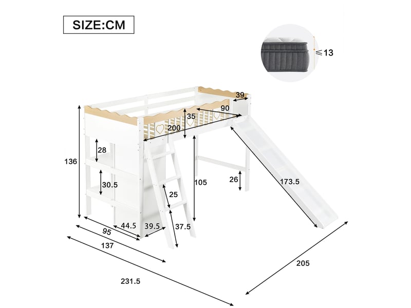  Lit mezzanine enfant 90x200 cm, toboggan, armoire et meuble de rangement, structure mdf, blanc et naturel, sans matelas  - Conforama C
