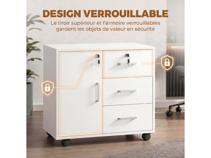  Caisson bureau meuble de rangement verrouillable avec 3 tiroirs et étagère réglable, roulettes, blanc, 40 x 60 x 56 cm  - Conforama E