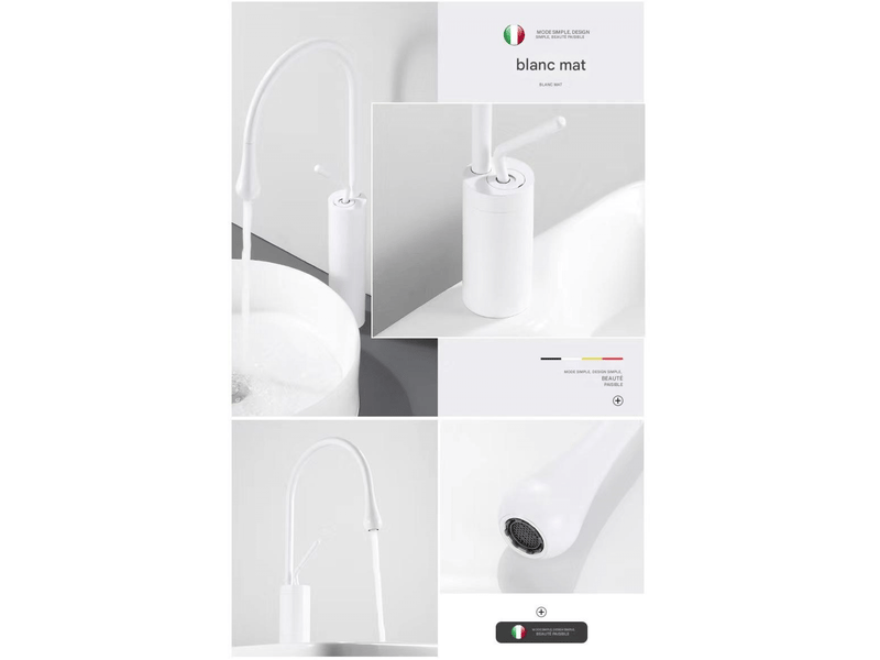  Robinet de salle de bain avec bras pivotant à 360° et design en forme de larme, mitigeur blanc, profil bas  - Conforama D
