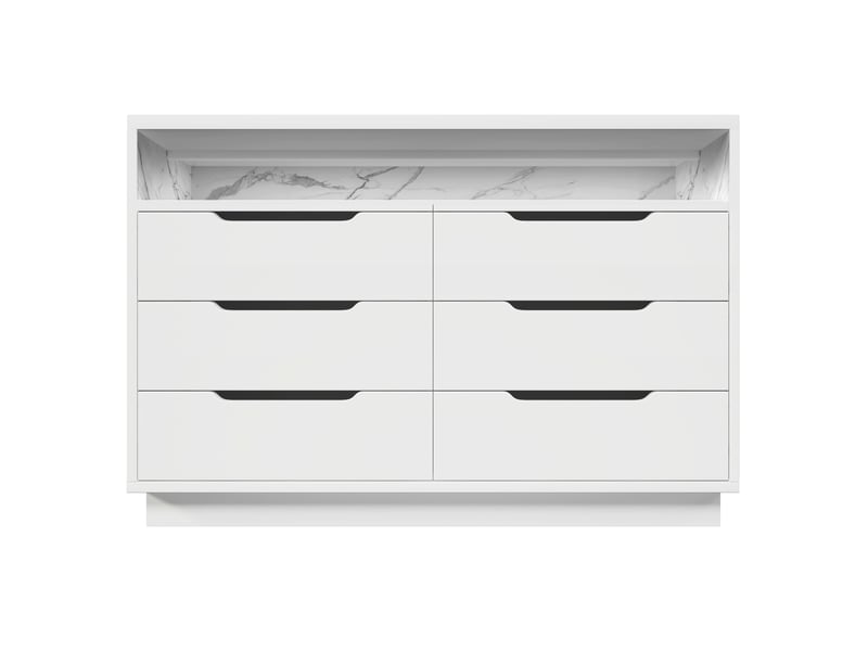  Commode à 6 tiroirs avec éclairage led, compartiment de rangement effet marbre, 120 x 40 x 85 cm, blanc  - Conforama A