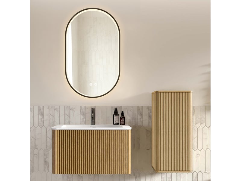Meuble sous vasque suspendu avec lavabo, colonne et miroir led réglable antibuée pour salle de bain, chêne - Conforama D