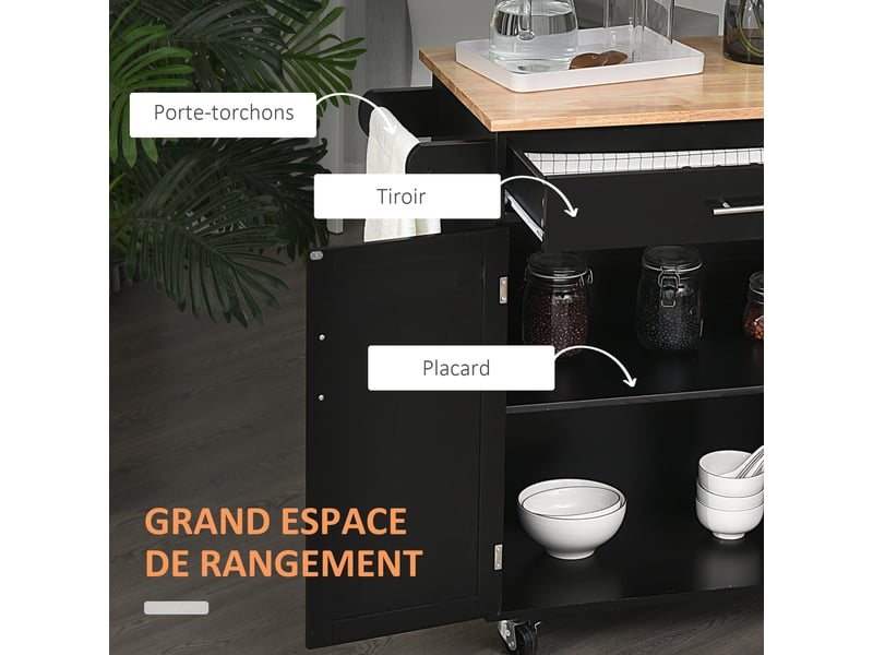 Desserte de cuisine à roulettes avec tiroir et placard noir et naturel 83 x 45 x 91,5 cm  - Conforama D