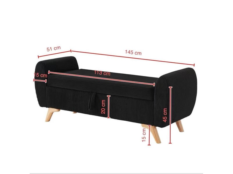  Banquette de rangement pliable 145 x 51 x 57 cm noire en velours côtelé, pieds en bois, chambre et salon  - Conforama C