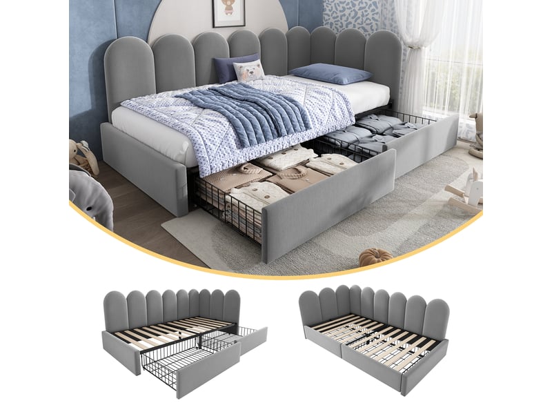  Lit banquette 90x200 cm lit simple avec 2 tiroirs, côtés réversibles, sommier à lattes, velours gris Seren Glow - Conforama D