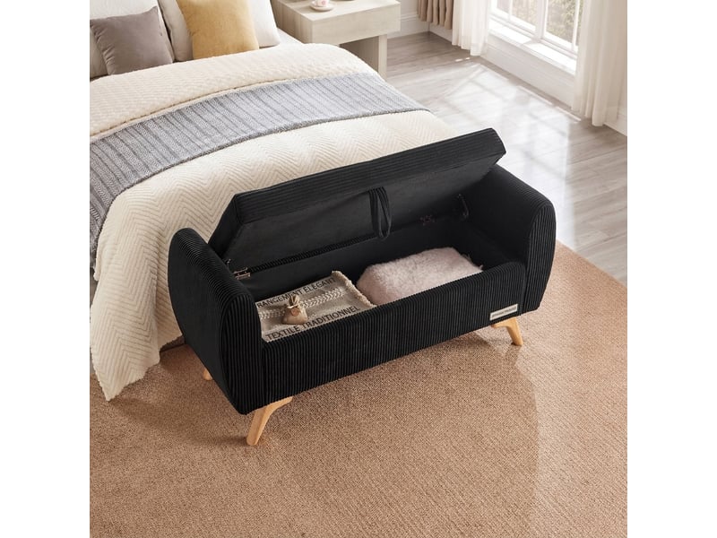  Banc de rangement noir 145 cm en velours côtelé avec coffre et pieds en bois  - Conforama E