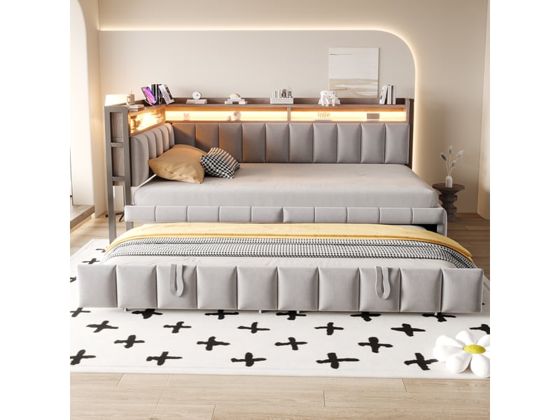  Lit banquette gigogne 90x200cm avec couchage extractible, rangements en tête et au pied, éclairage led, ports usb et type-c, velours, gris clair evarich - Conforama B