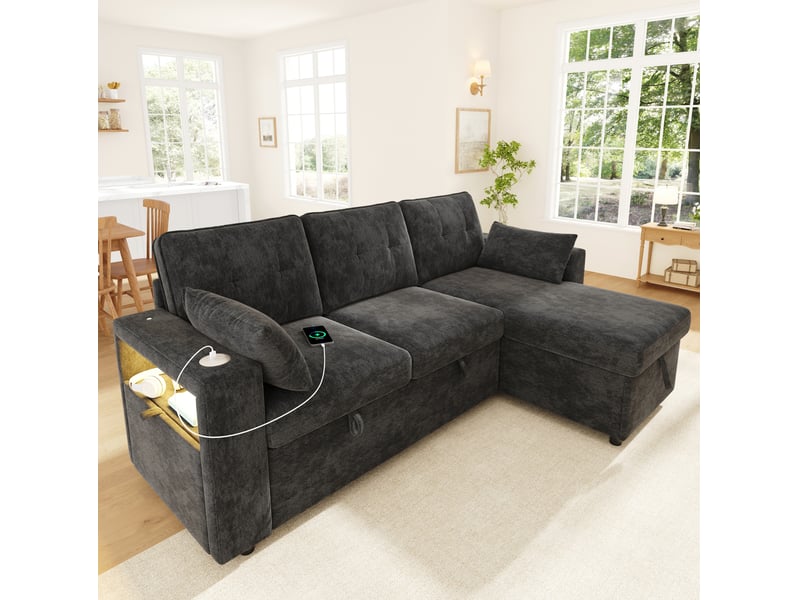  Canapé d'angle convertible 3 places 213x131x83 cm avec coffre, led, usb et rangement, couleur gris, moderne  - Conforama B