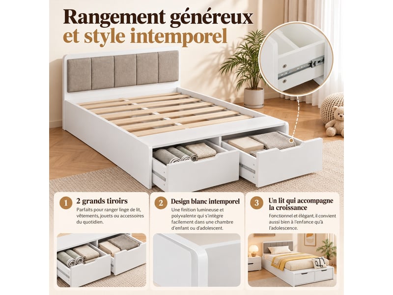  Lit jeune lit 90x200 cm lit capitonné avec 2 tiroirs de rangement lit enfant à lattes en bois lit simple blanc  - Conforama E