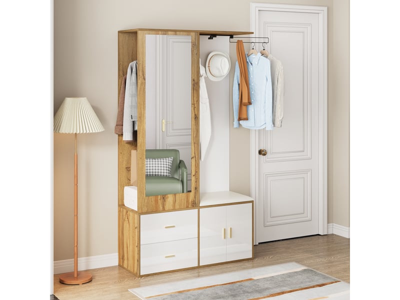  Armoire avec 2 portes,2 tiroirs,miroir,crochets,tringle à vêtements extensible,meuble à chaussures et banc à chaussures,blanc+naturel armoire blanc - Conforama B