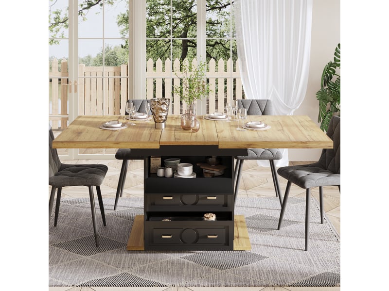 Table de cuisine rectangulaire avec allonge noir+naturel - 80x110-140max.cm mdf table bicolore - Conforama E