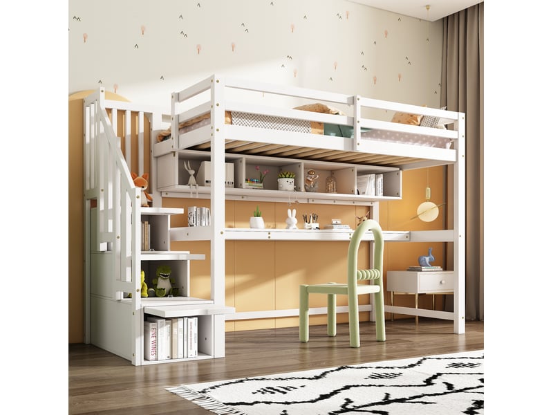  Lit mezzanine enfant 90x200 cm avec escalier de rangement et bureau, bois et mdf, blanc, sans matelas  - Conforama D