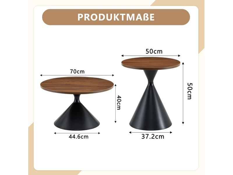 Tables basses gigognes avec plateaux en mélaminé et piètements coniques, empilables pour salon, noyer et noir  - Conforama E