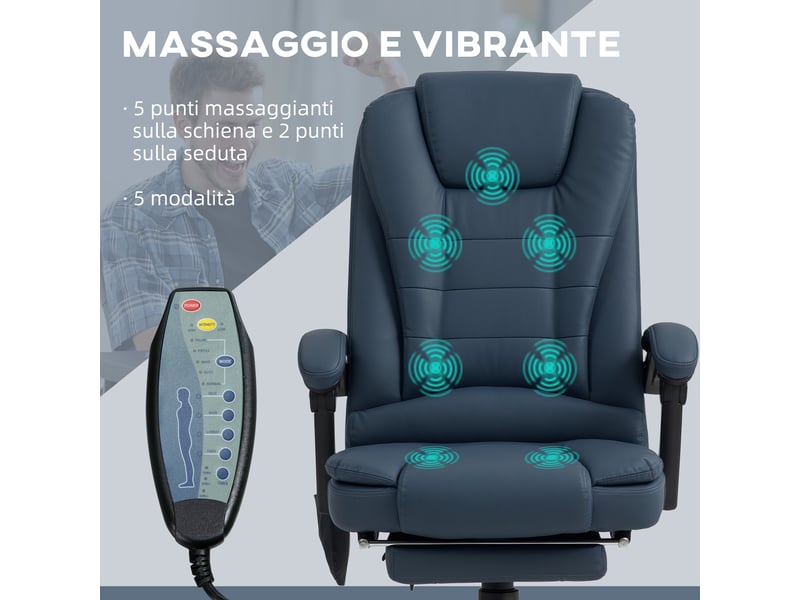  Fauteuil de bureau avec 7 points de massage et repose-pieds, cuir pu et structure en acier, 67 x 67 x 111-121 cm, bleu  - Conforama E