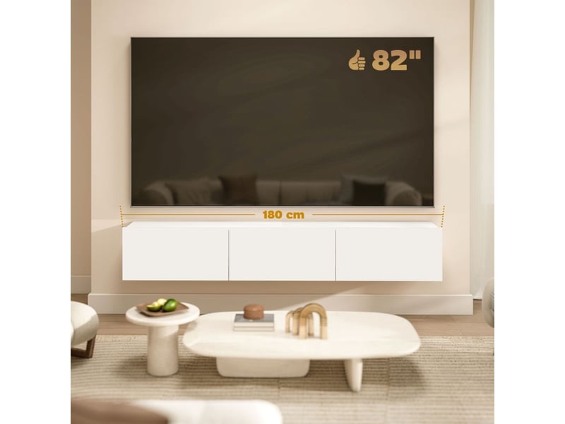  Meuble tv 180 cm montage mural 3 tiroirs grand rangement panneau de particules blanc design flottant  - Conforama C