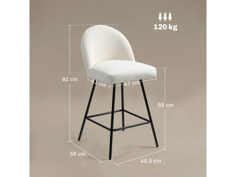  Ensemble de 2 tabourets de bar avec dossier en velours et repose-pieds en acier, blanc crème  - Conforama E