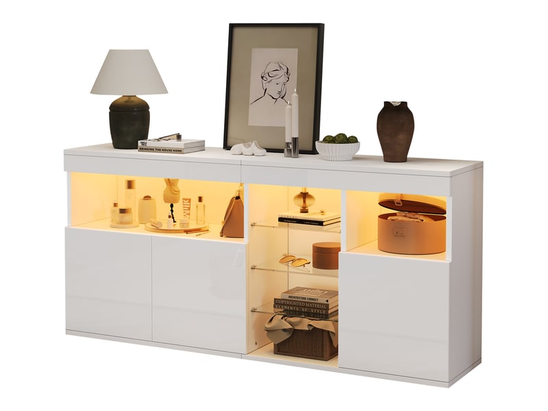  Buffet salon blanc laqué avec led 155 cm - 3 portes et étagères en verre - meuble de rangement moderne  - Conforama A