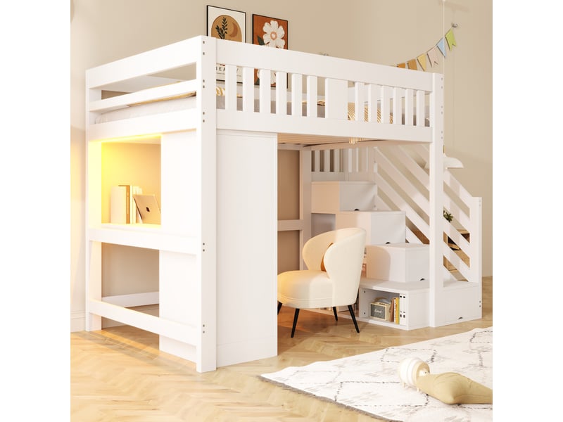  Lit mezzanine 140x200 cm, lit enfant, bureau, armoire, escalier avec rangement, barrière antichute, prise intégrée, bois blanc  - Conforama D