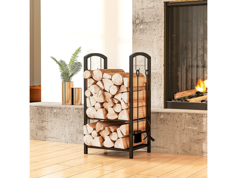  Porte-bûches en métal noir, 2 niveaux surélevés, 4 accessoires, capacité 100 kg  - Conforama C