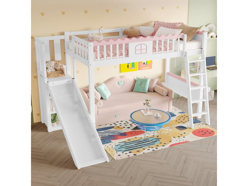  Lit mezzanine 90x200 cm - lit enfant avec toboggan, étagère intégrée et lumière led télécommande, sans matelas - blanc  - Conforama B