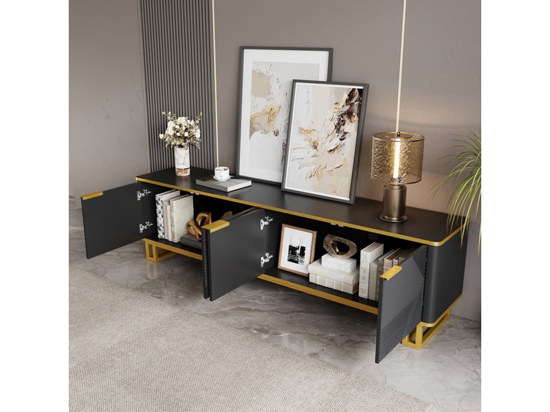 Meuble tv 160 x 37,5 x 48 cm, 4 portes, passe-câbles, façades géométriques en relief, structure métal, noir et doré, rangement pour salon CARDUME ESTIVAL - Conforama D