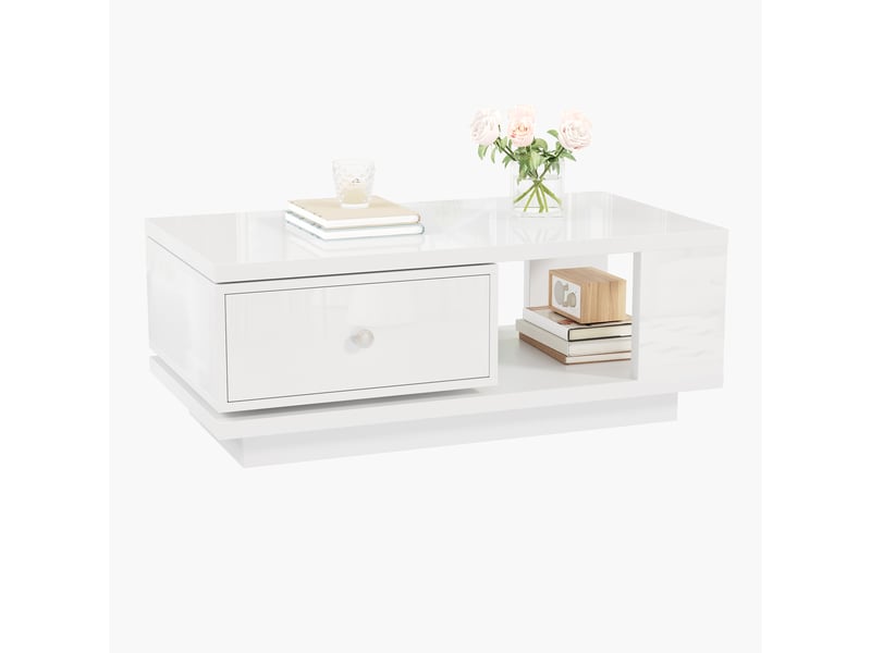  Table basse avec tiroir rotatif et niche pour salon en mdf et panneaux de particules 90×48×35 cm blanc  - Conforama A