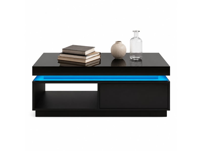  Table basse 100x50x40,3 cm avec led et tiroir panneau de particules noire  - Conforama A