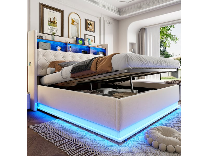 Lit coffre adulte 180x200 cm – beige – led multicolores, port usb et rangement hydraulique – sans matelas - Conforama B