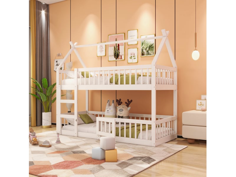  Lit superposé enfant 90x200 cm avec escalier, barrières et cadre blanc  - Conforama B