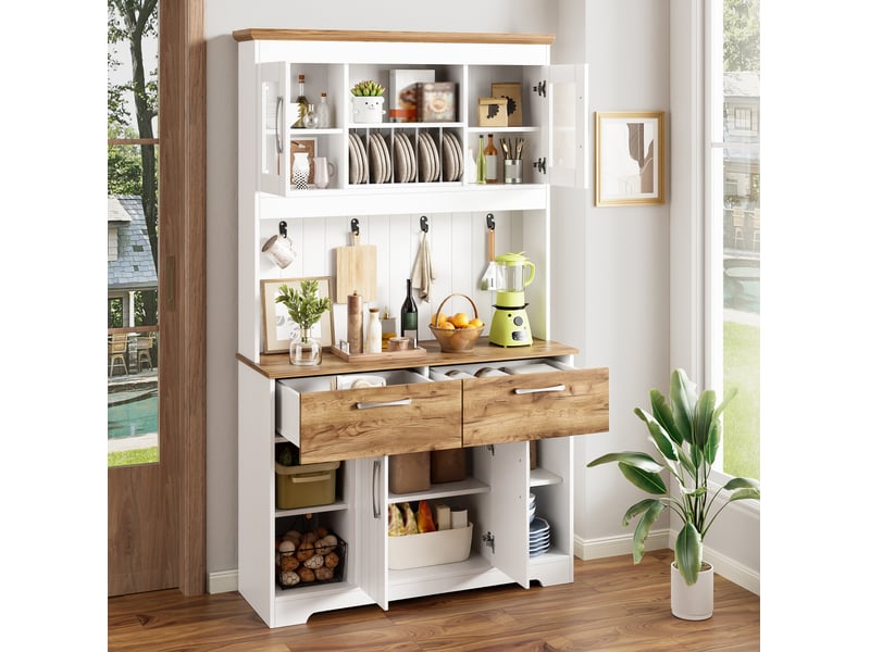 Buffet de cuisine avec vitrines, 2 tiroirs et crochets - lpospi - rangement, bois d’ingénierie blanc naturel  - Conforama E