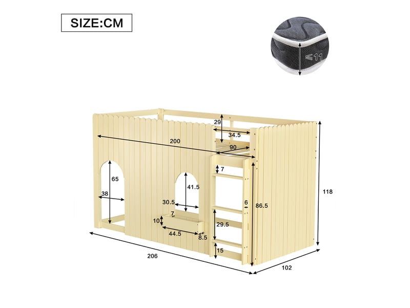 Lit mezzanine enfant simple 90×200 cm avec barrière, led et rangements - okmyhome- naturel, sans matelas - Conforama D