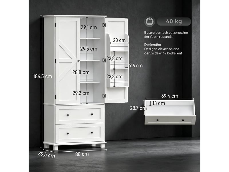  Buffet de cuisine haute blanche 80 x 39,5 x 184,5 cm avec 2 portes, 2 tiroirs et 6 rangements de porte, mdf  - Conforama D