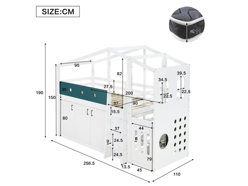  Lit mezzanine enfant 90 × 200 cm 1 place avec armoire de rangement et espace de jeu, sans matelas, blanc  - Conforama D