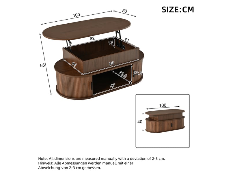  Table basse ovale relevable 100x50x40cm, hauteur réglable jusqu'à 55cm, grand rangement à volets et mécanisme hydraulique, effet noyer evarich - Conforama C